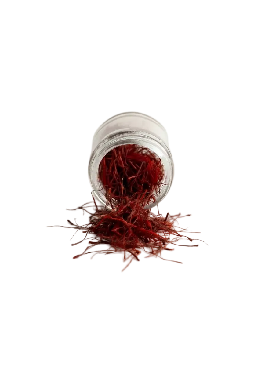 Red saffron threads spilling from a small clear glass jar on a white background.