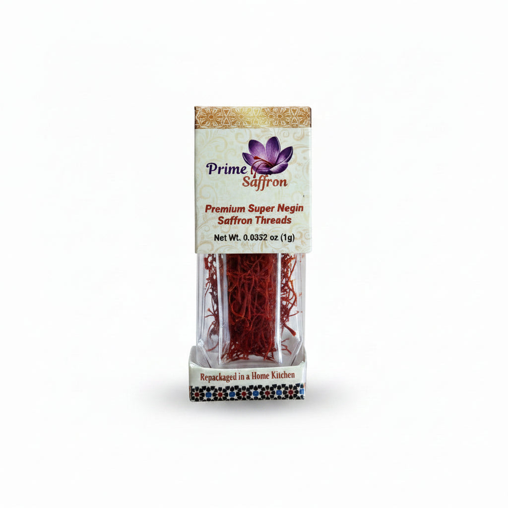Box of Prime Saffron on a light purple background
