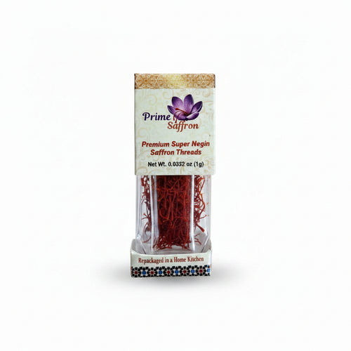 Box of Prime Saffron on a light purple background